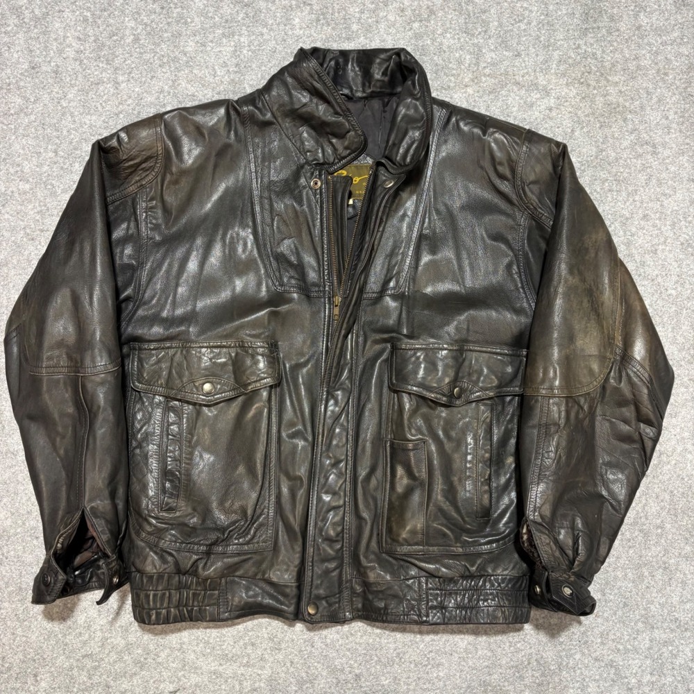 Vintage Prego USA Leather Bomber Jacket Mens Large Distressed Flight Brown Black